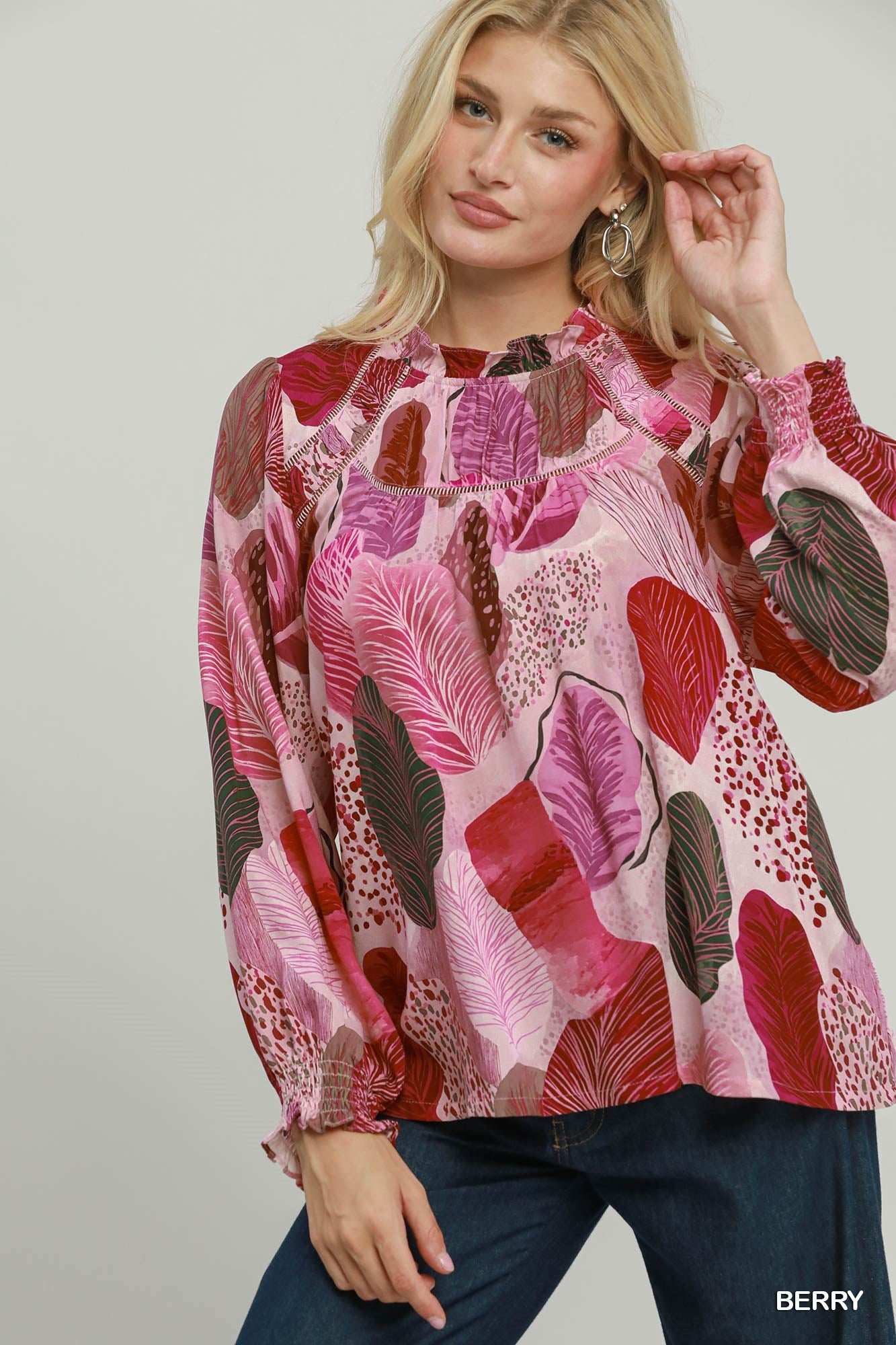 Abstract Leaf Print Ruffle Trim Long Sleeve Top