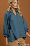 Textured Split Neck Balloon Sleeve Blouse