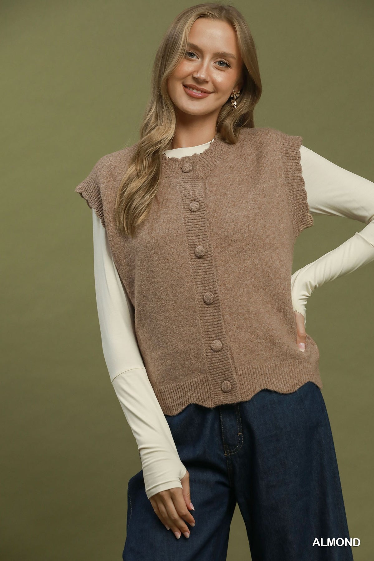 Button Front Scalloped Knit Sweater Vest