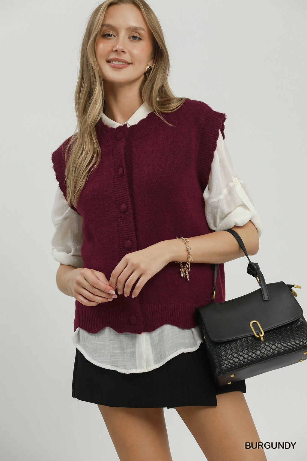 Button Front Scalloped Knit Sweater Vest