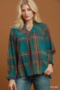 Abstract Plaid Print Lace Trim Peasant Blouse