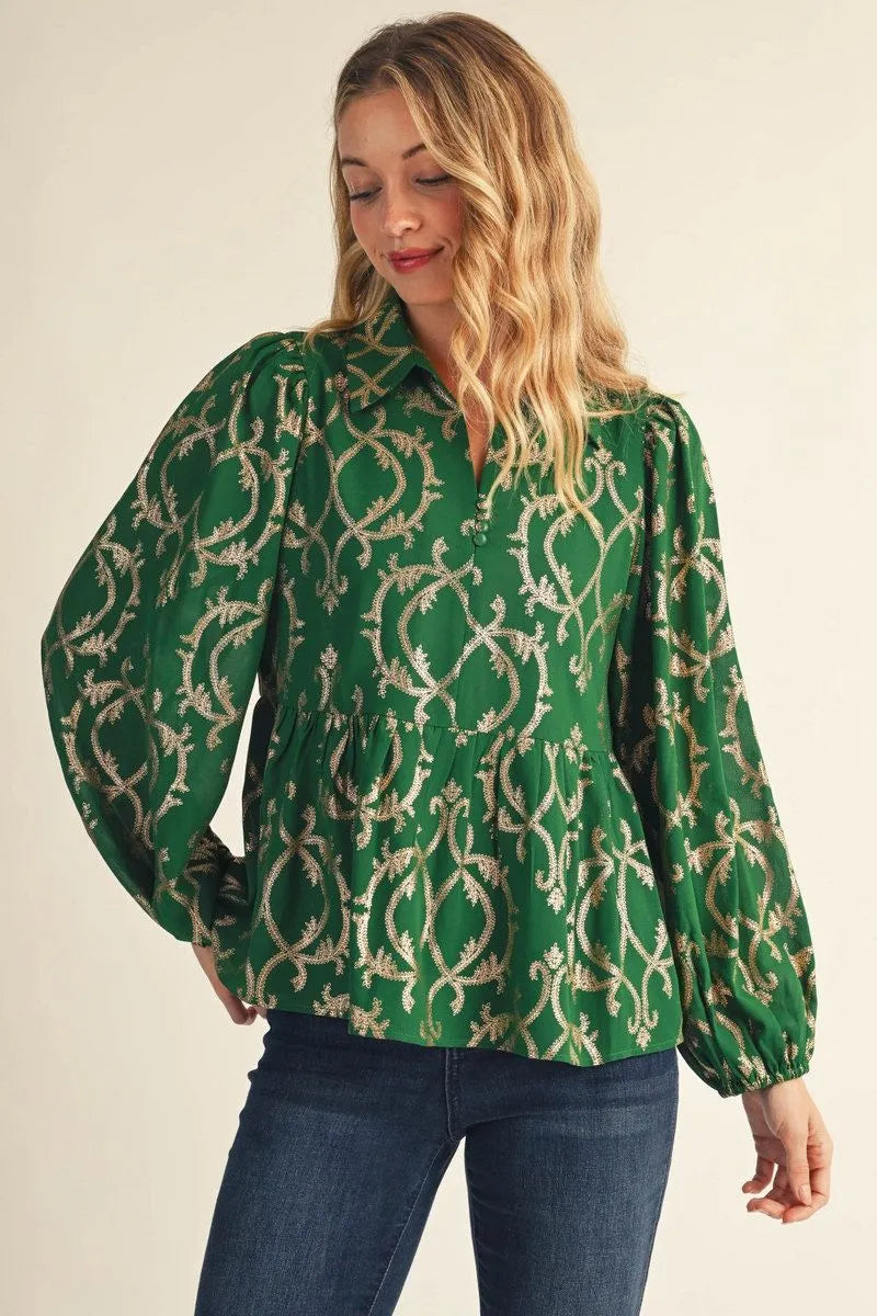 Geo Pattern tiny leaf foil print blouse