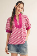 Magenta Short puff sleeves high neck stripe top with solid contrast