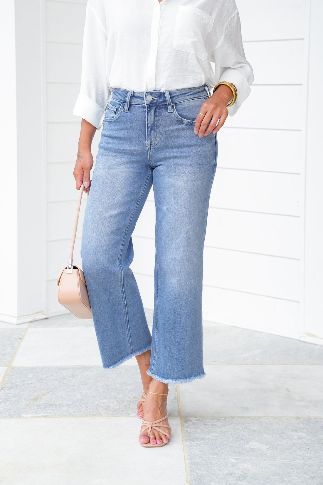 High Rise Medium Wash Cropped Slim Wide Leg Jeans