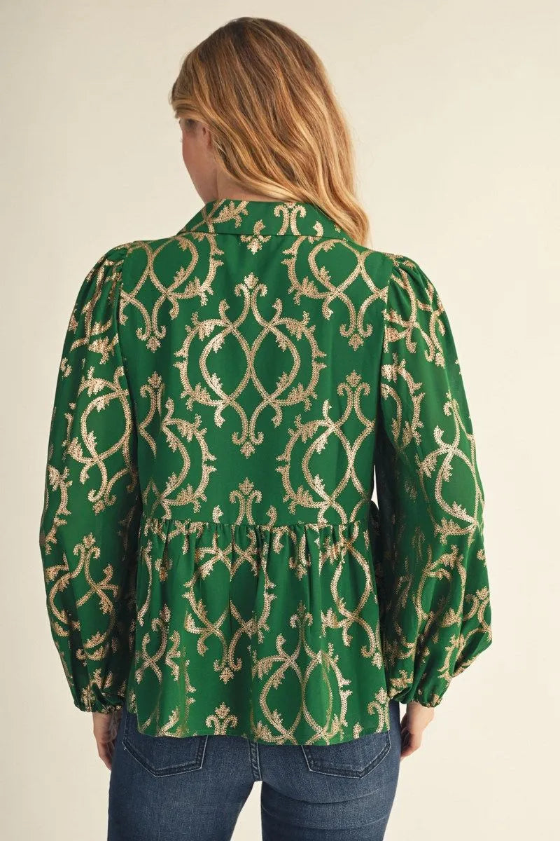 Geo Pattern tiny leaf foil print blouse