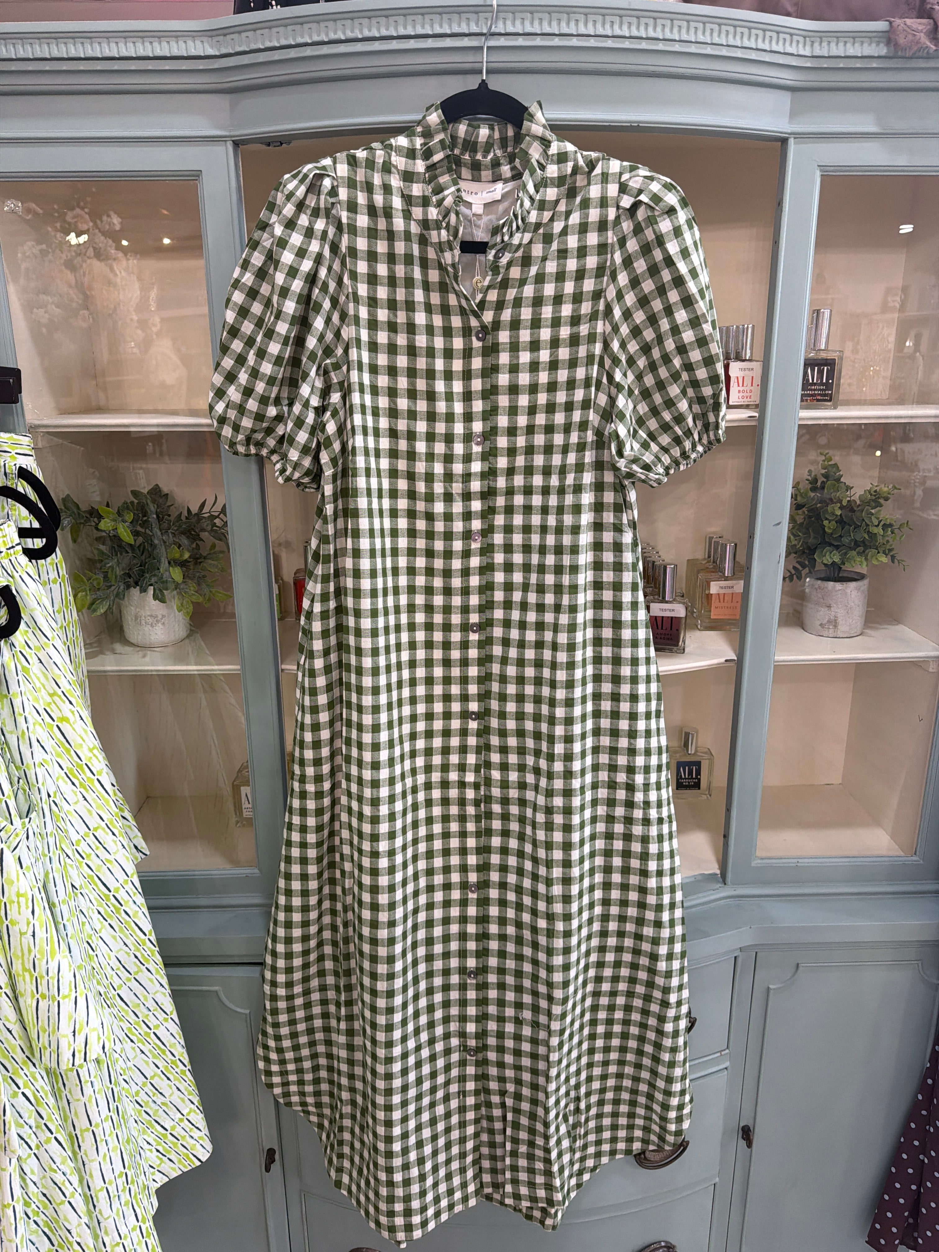 Olive Gingham short puff sleeve midi dress