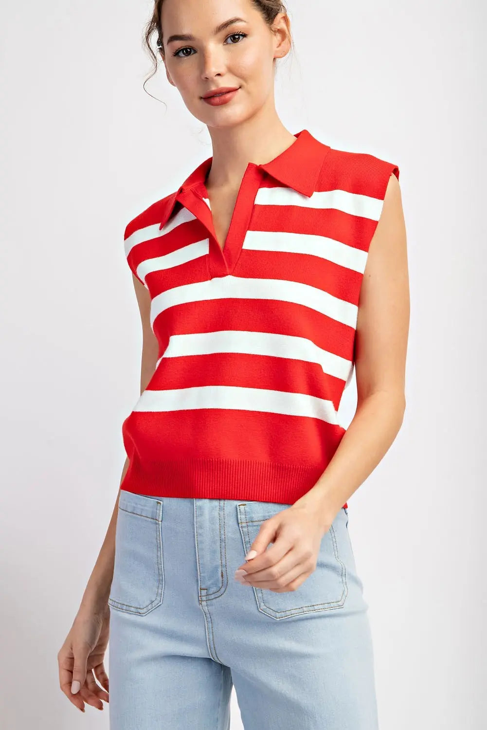 Tomato Red Polo Stripe Top