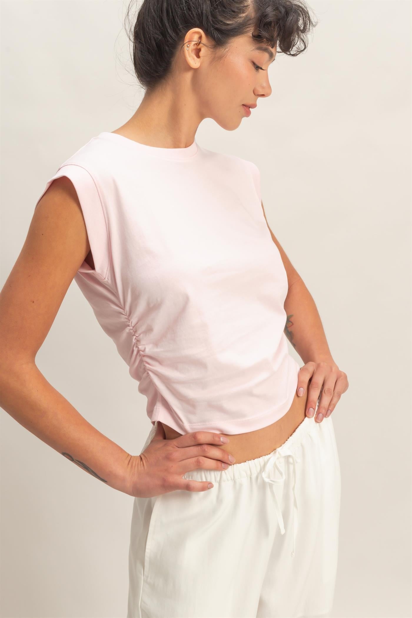 Ruched Waist Sleeveless Cotton Top