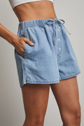 Button Front Drawstring Denim Shorts