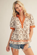 Solid Contrast Accent Boho Print Peplum Top