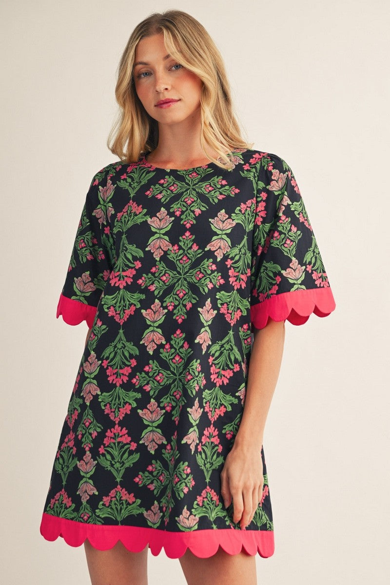 Scallop Edge Detail Baroque Floral Shift Dress