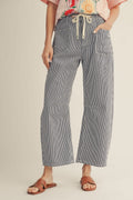Plus Size Drawstring Waist Stripe Barrel Pants