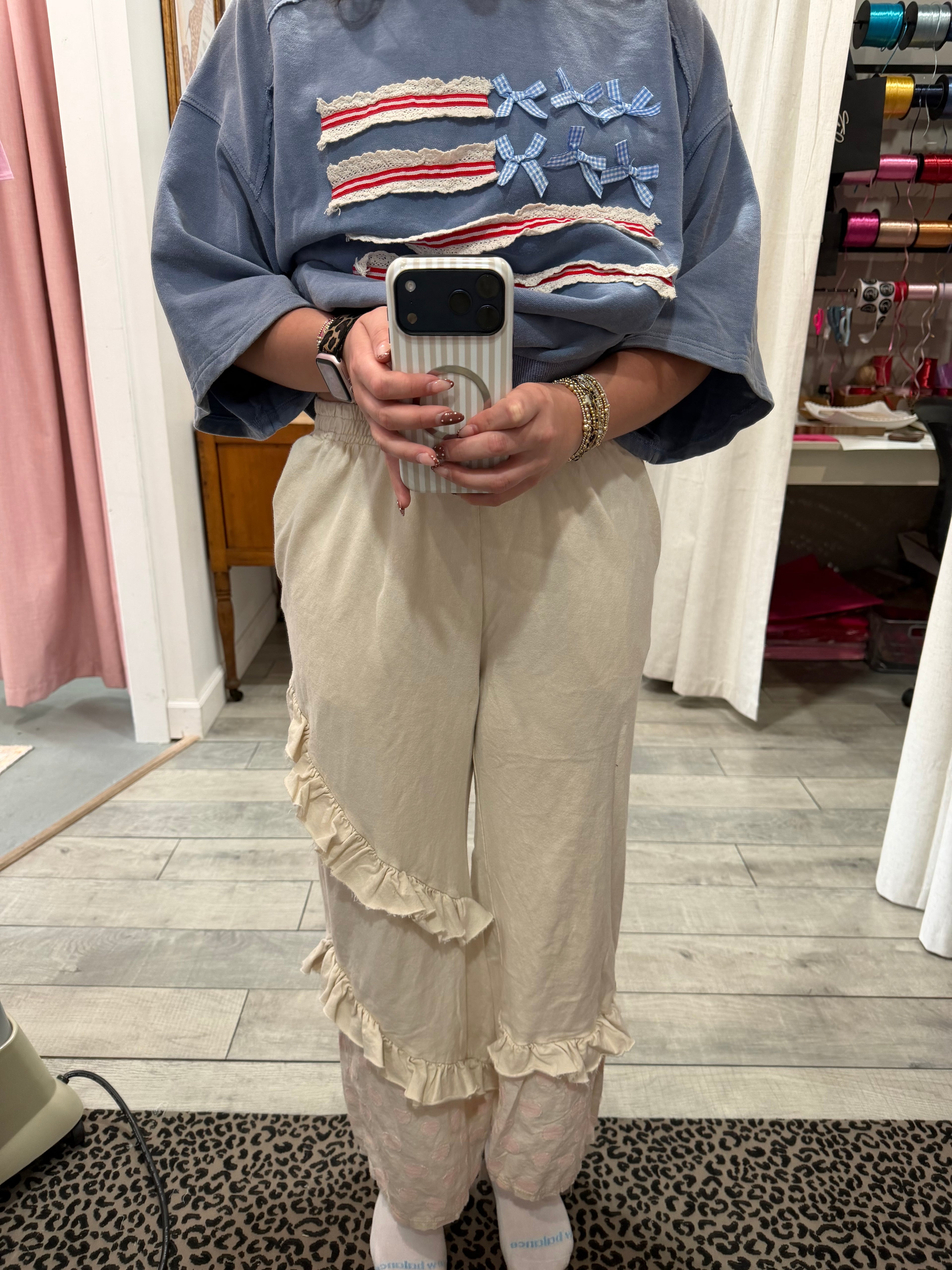Polka Dot Ruffle Pants - Natural