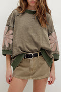 Mineral Wash Raw Seam Patchwork Flower Patched 3/4 Sleeve Oversize Top