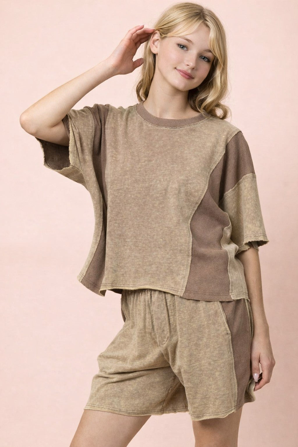 Plus Size Mineral Washed Casual Knit Top & Shorts Set