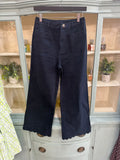 Navy- Solid high waist wide leg pants featuring scallop trim
