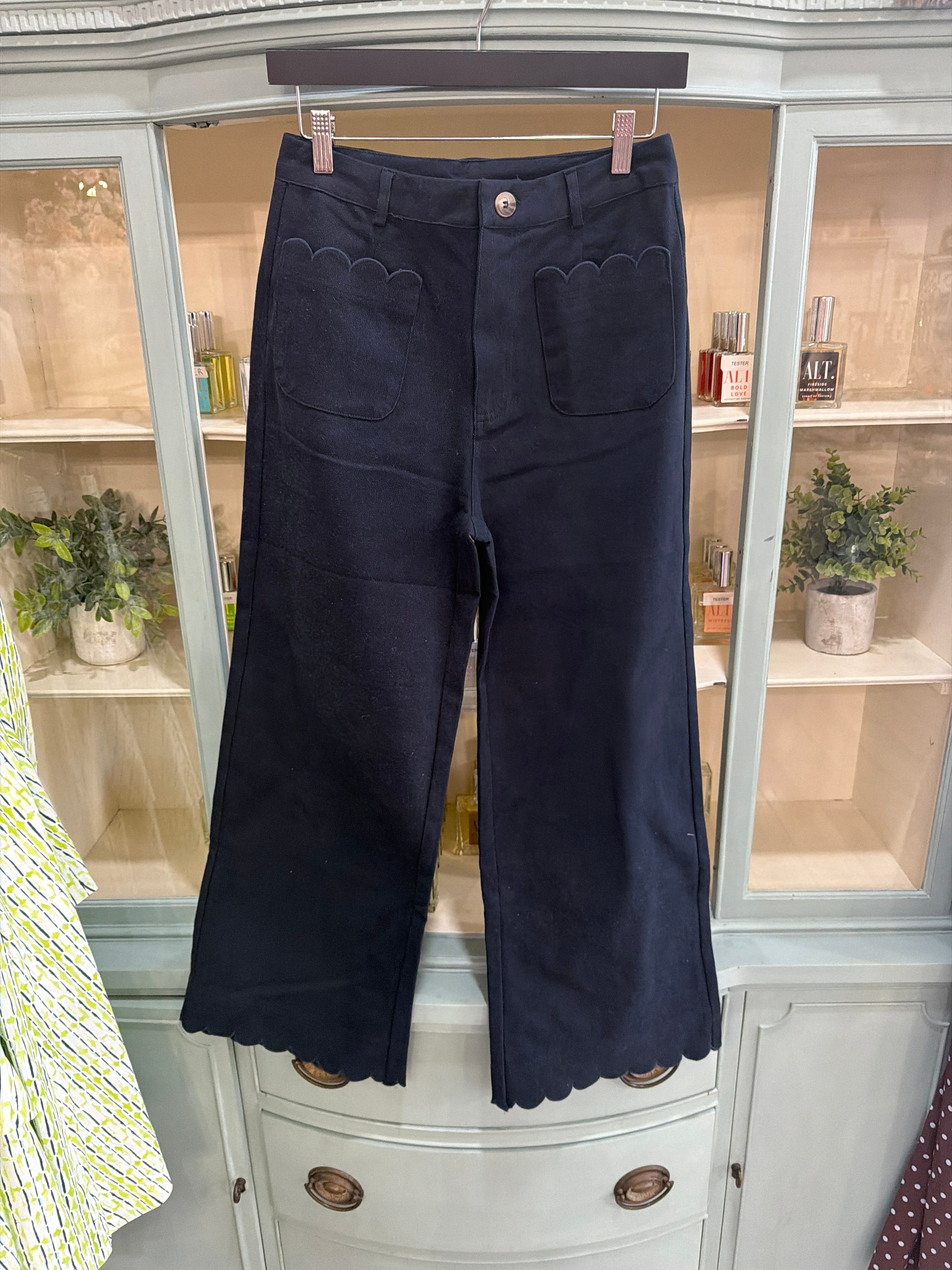 Navy- Solid high waist wide leg pants featuring scallop trim