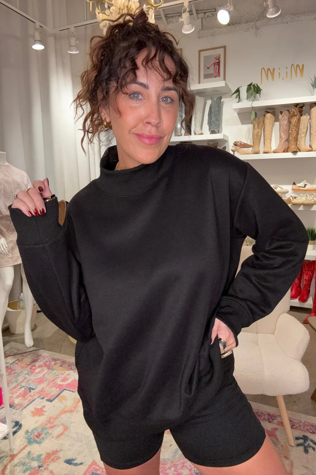 Mock Neck Fleece Sweatshirt - Black