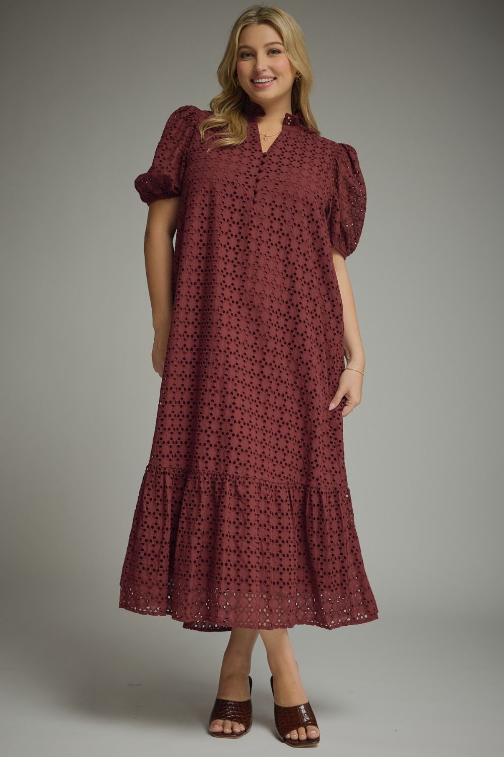 Eyelet short puff sleeve midi dress
