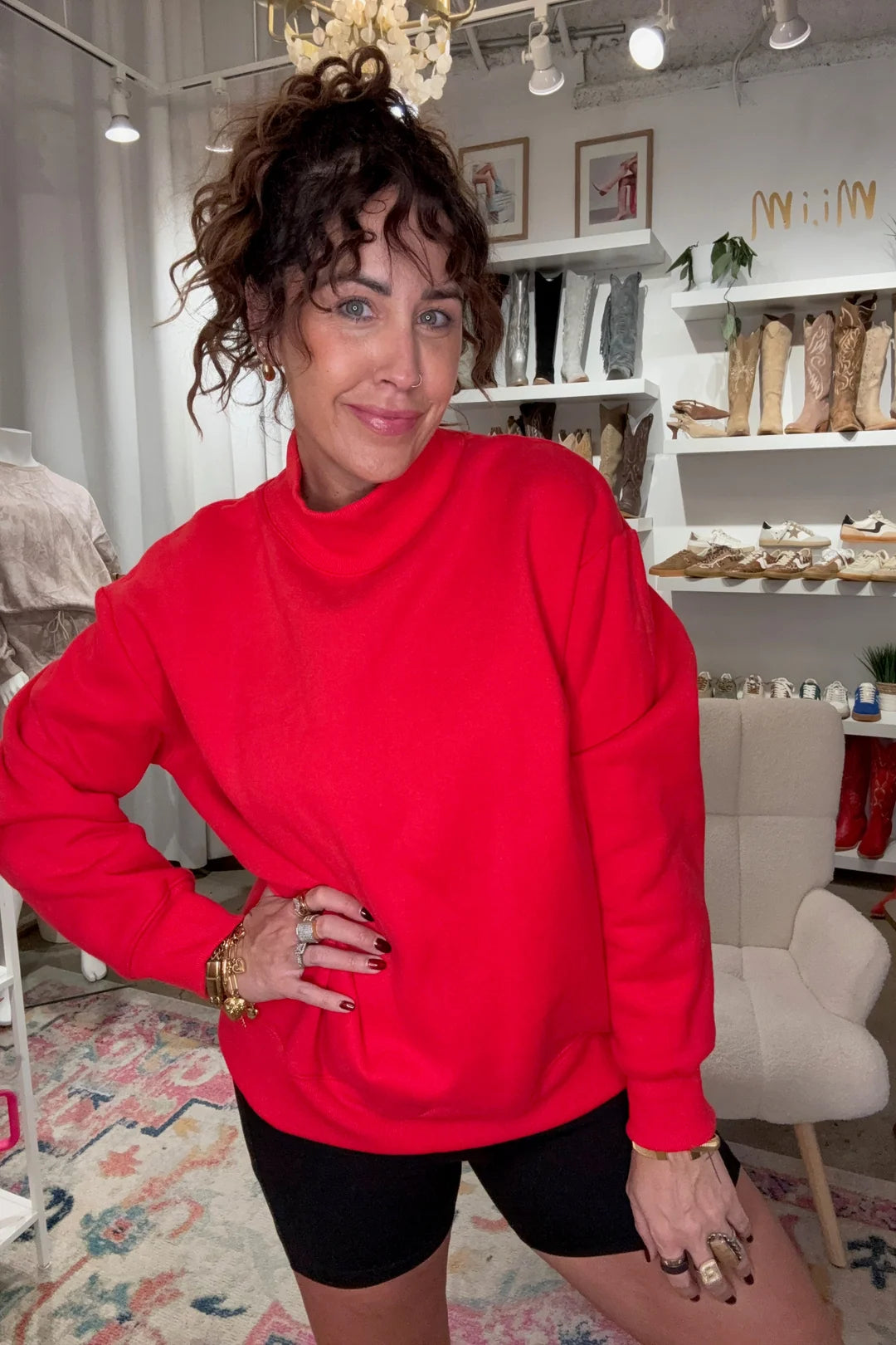 Mock Neck Fleece Sweatshirt - Red