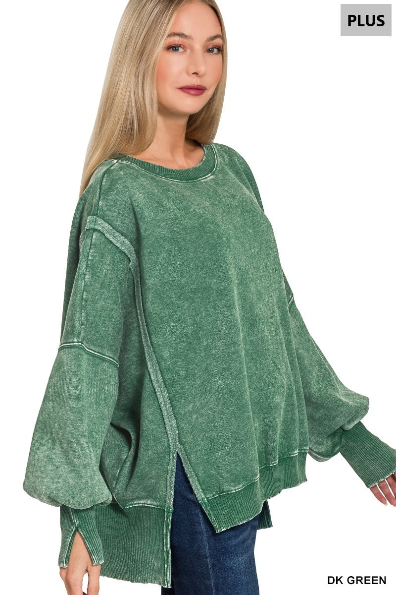 PLUS SIZE- Acid Washed Batwing Sleeve hi-low Fleece Sweatshirts