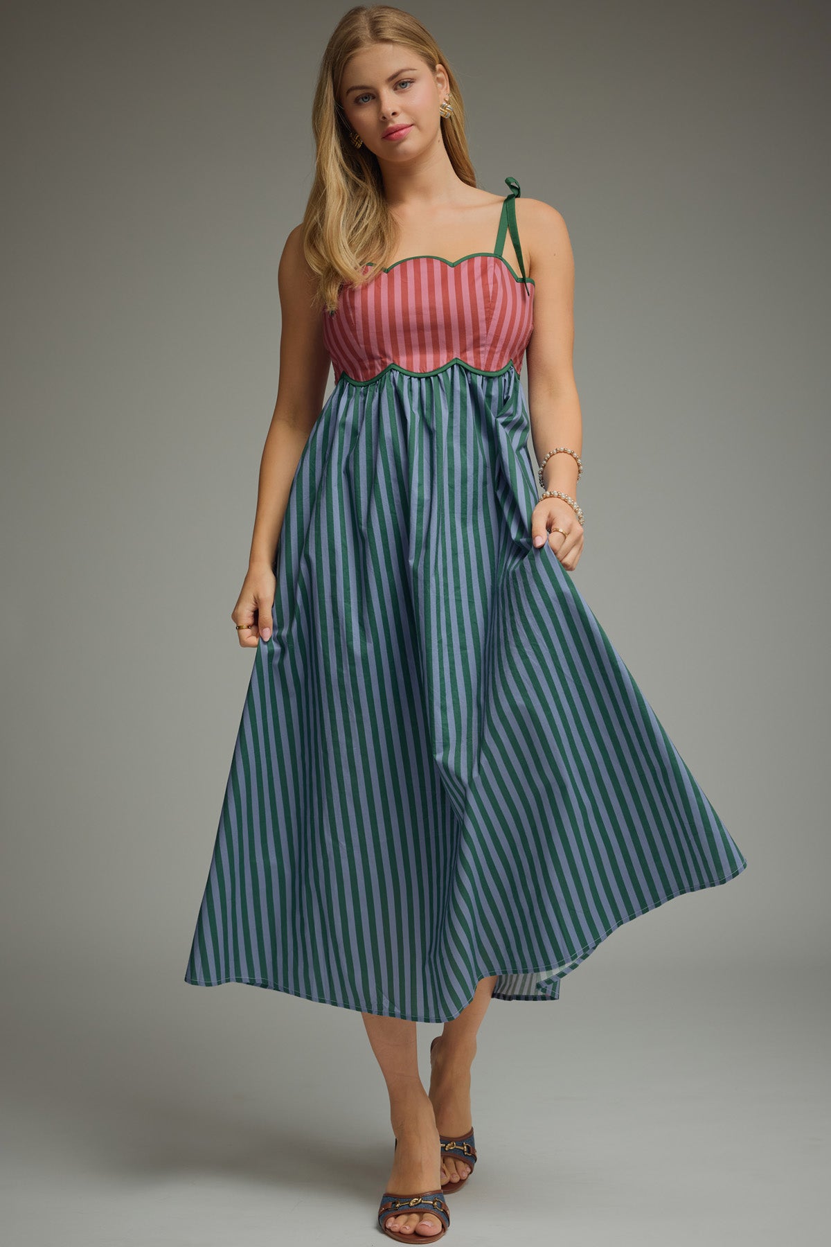 Mixed-Stripe Midi Corset Dress - H Green Blue
