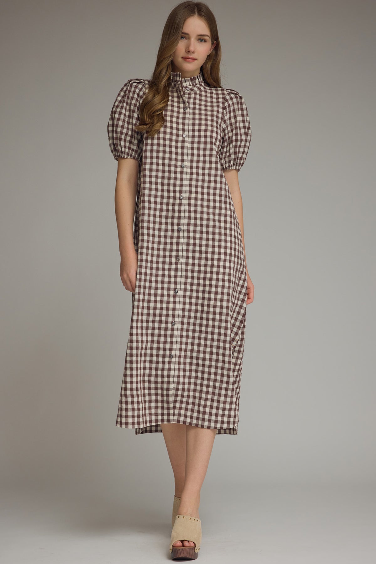 Gingham puff sleeve midi dress