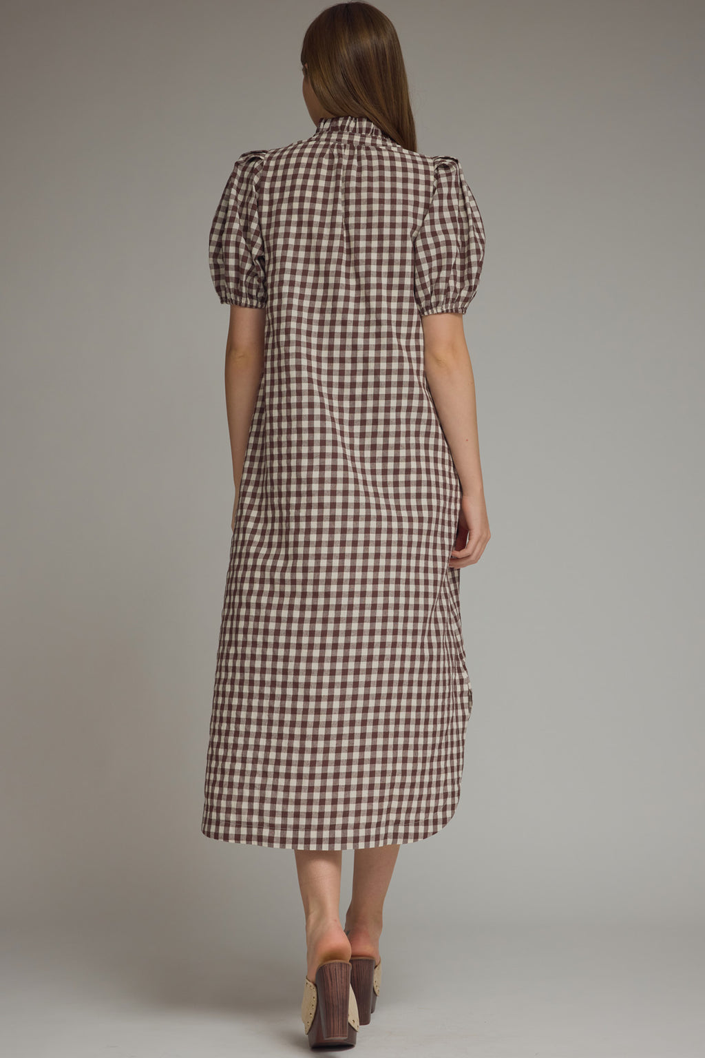Gingham puff sleeve midi dress