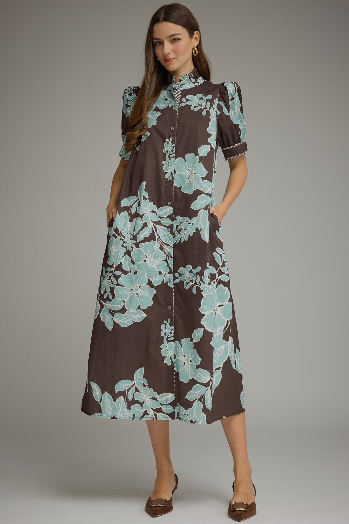 Brown Floral Midi Dress