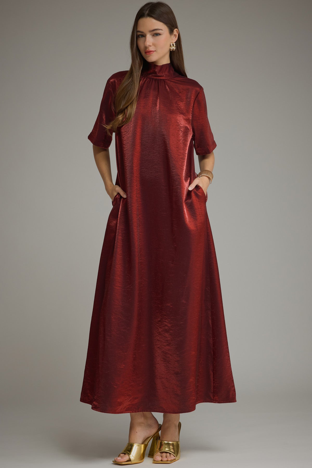 Burgundy High Neck Satin Maxi