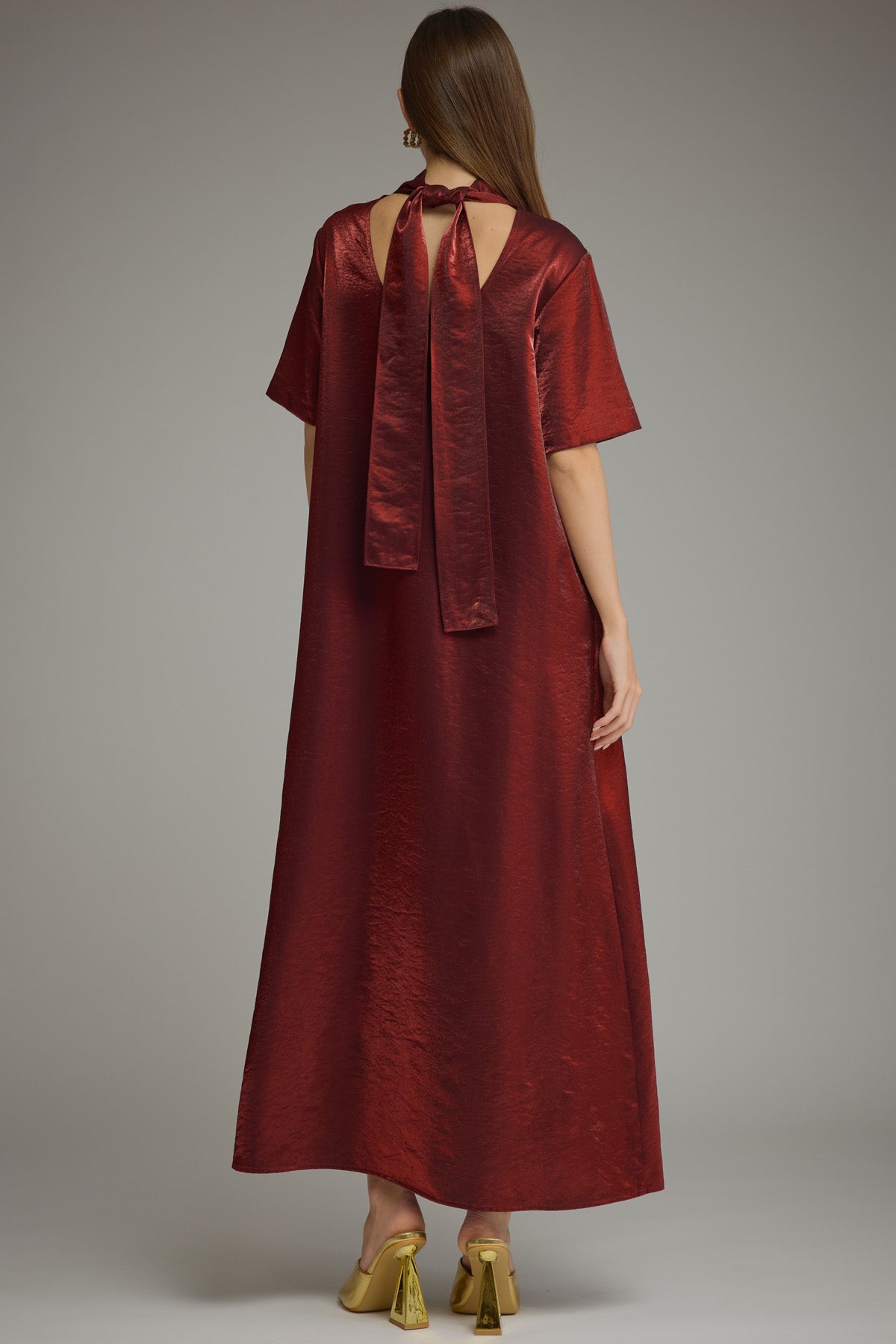 Burgundy High Neck Satin Maxi