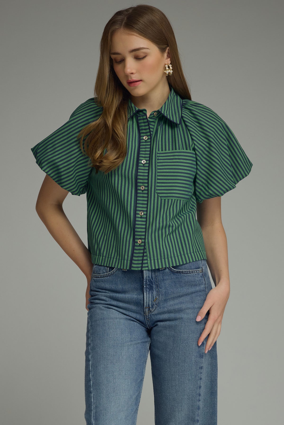 Stripe Puff Sleeves Blouse