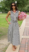 Black Striped sleeveless collared midi dress featuring elasticated waist