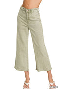 Acid washed frayed cutoff hem straight wide pants- DK OLIVE