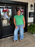 Green Smocked Ruffle Hem Knit Top