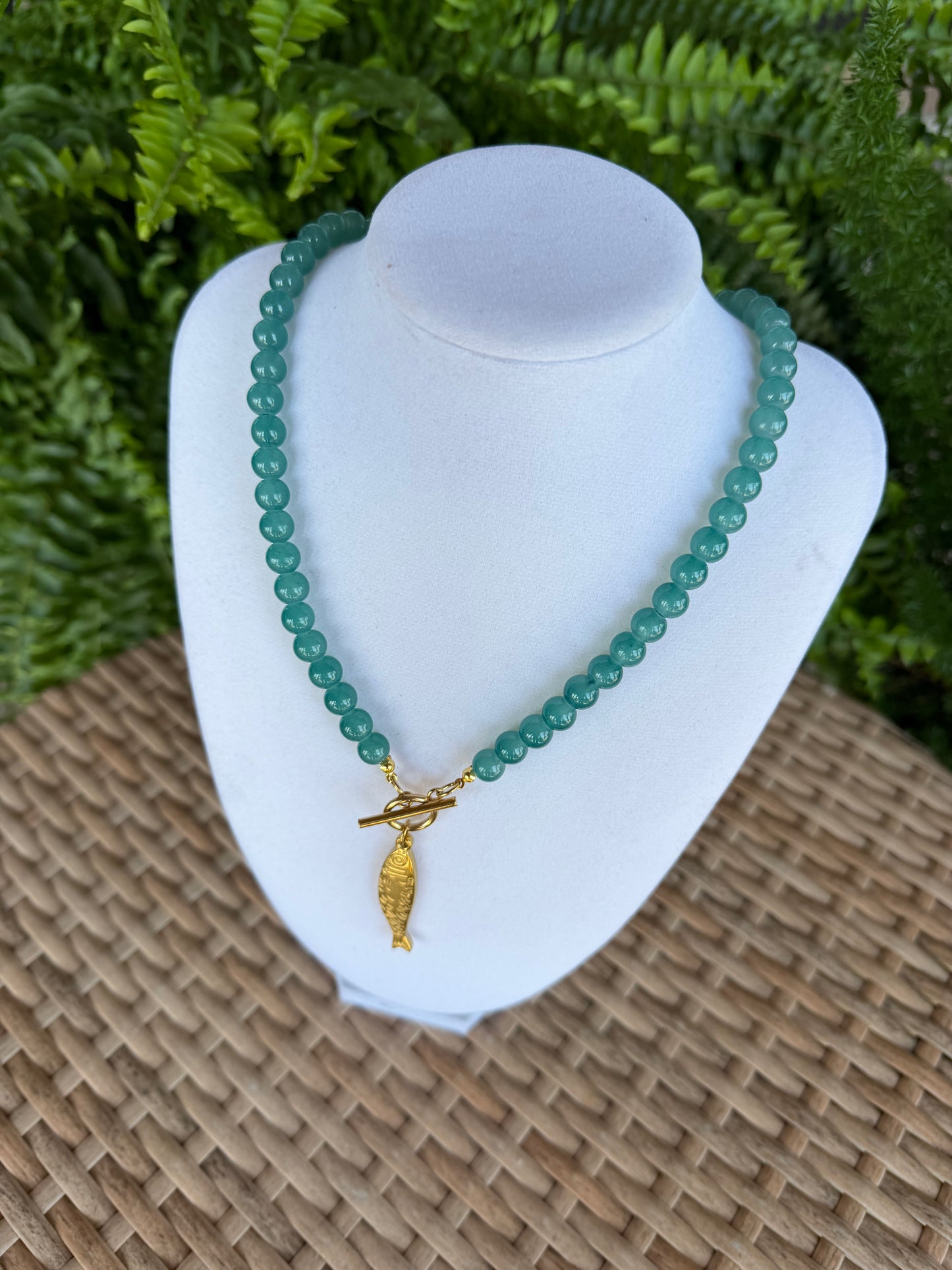 Blue Necklace with gold fish