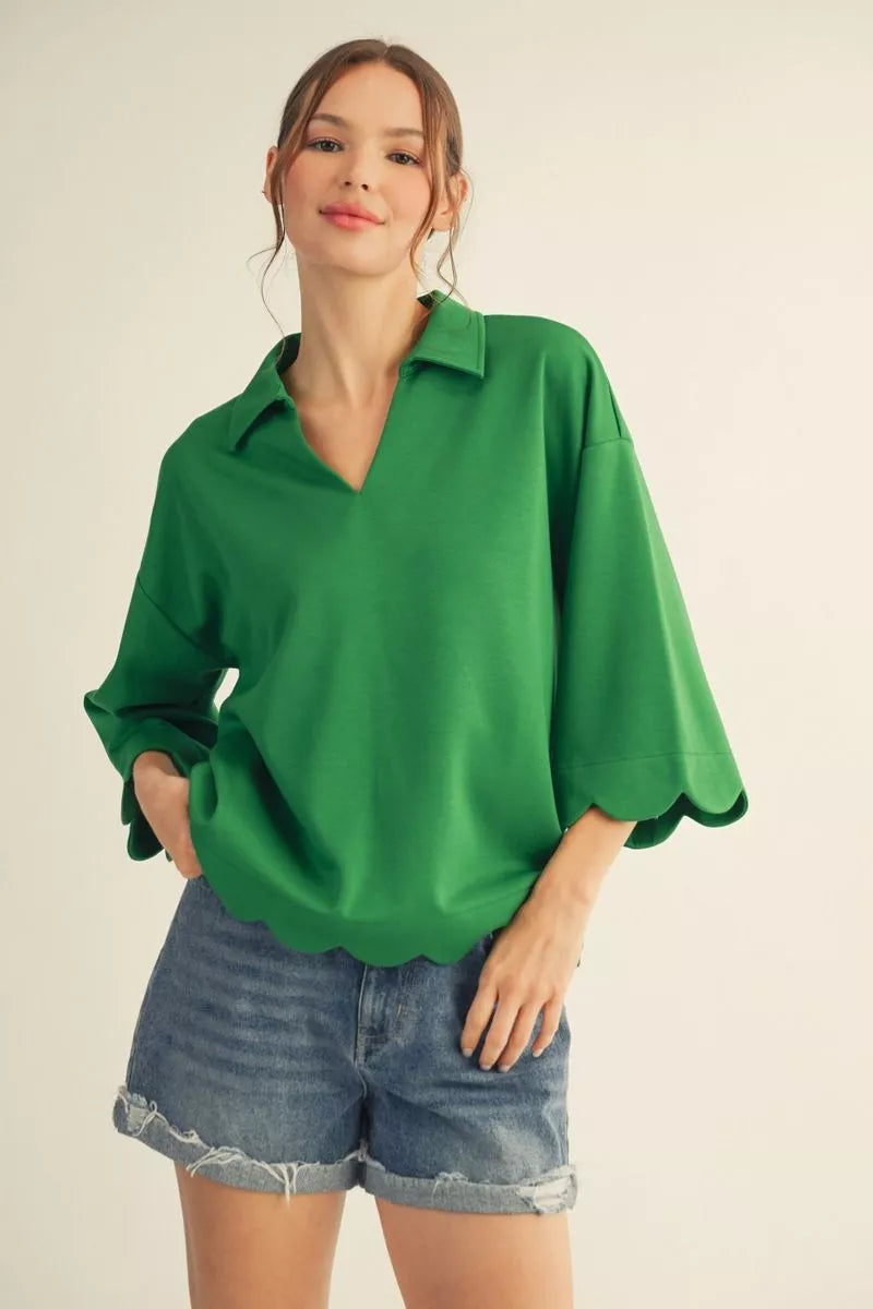 Scalloped Edge Collard V-Neck Top