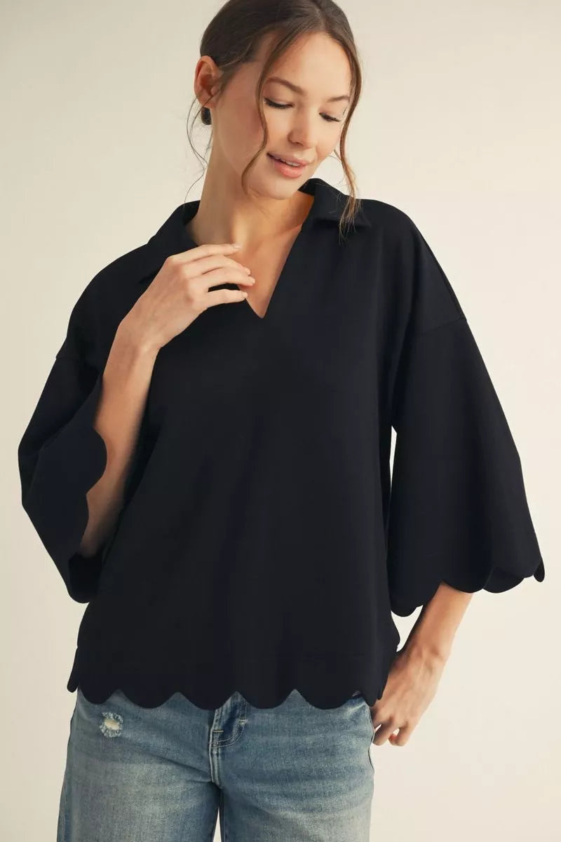 Scalloped Edge Collard V-Neck Top