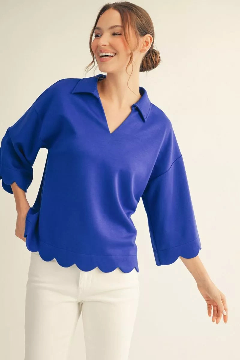 Scalloped Edge Collard V-Neck Top