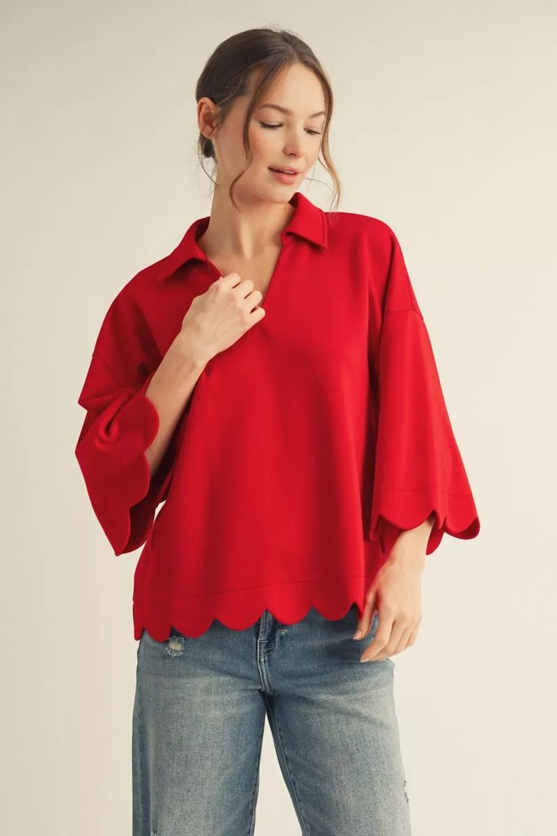 Scalloped Edge Collard V-Neck Top