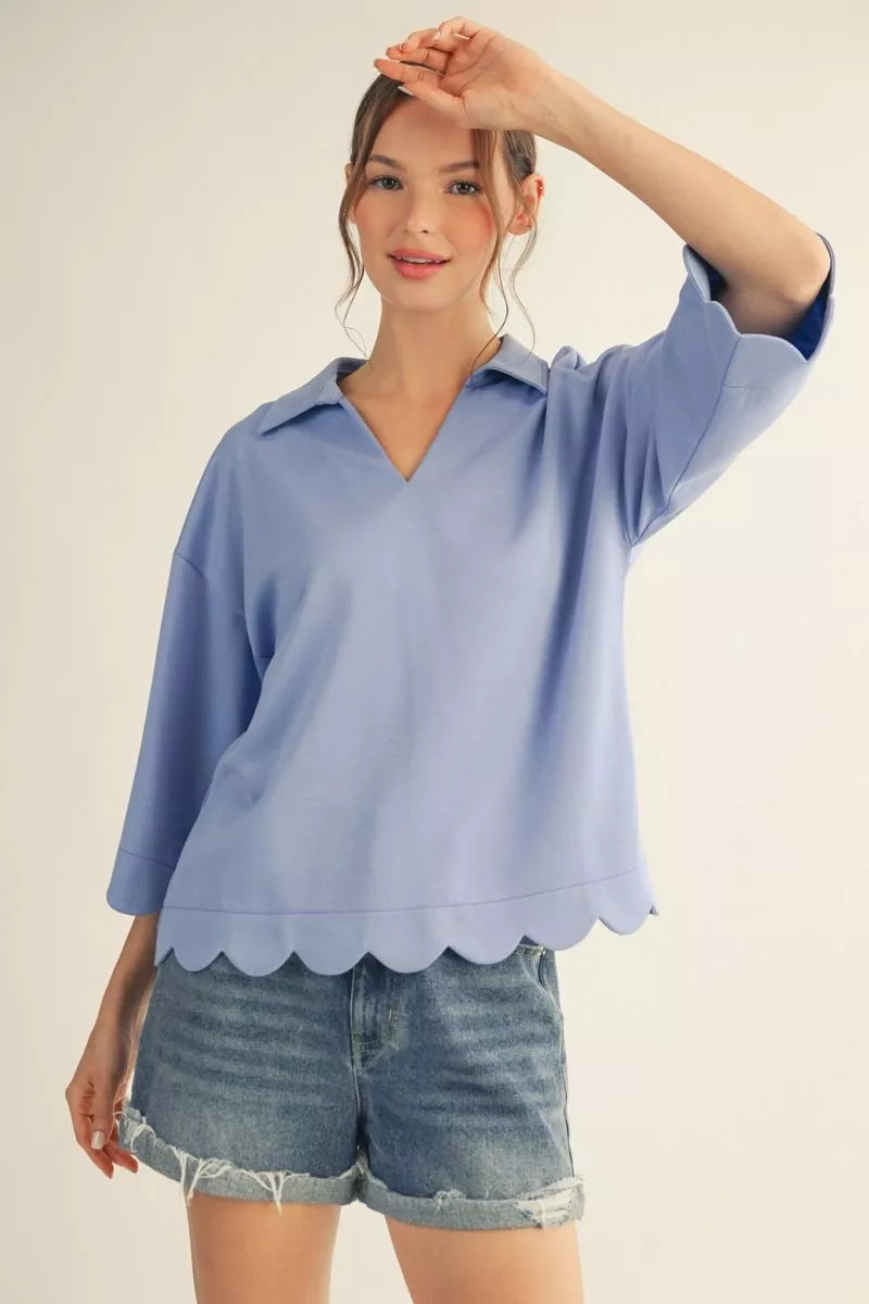 Scalloped Edge Collard V-Neck Top