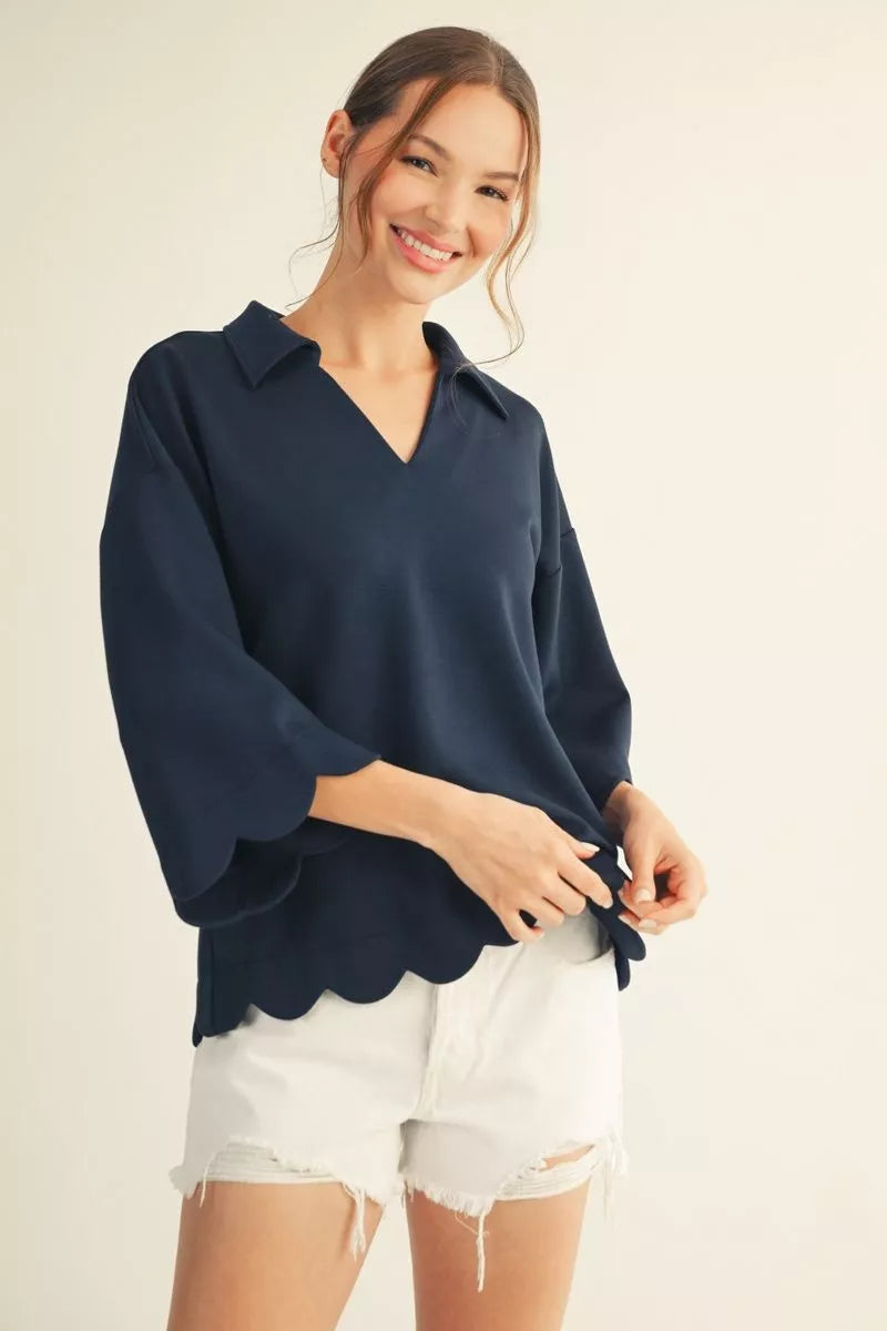 Scalloped Edge Collard V-Neck Top
