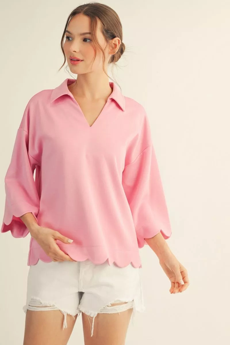 Scalloped Edge Collard V-Neck Top