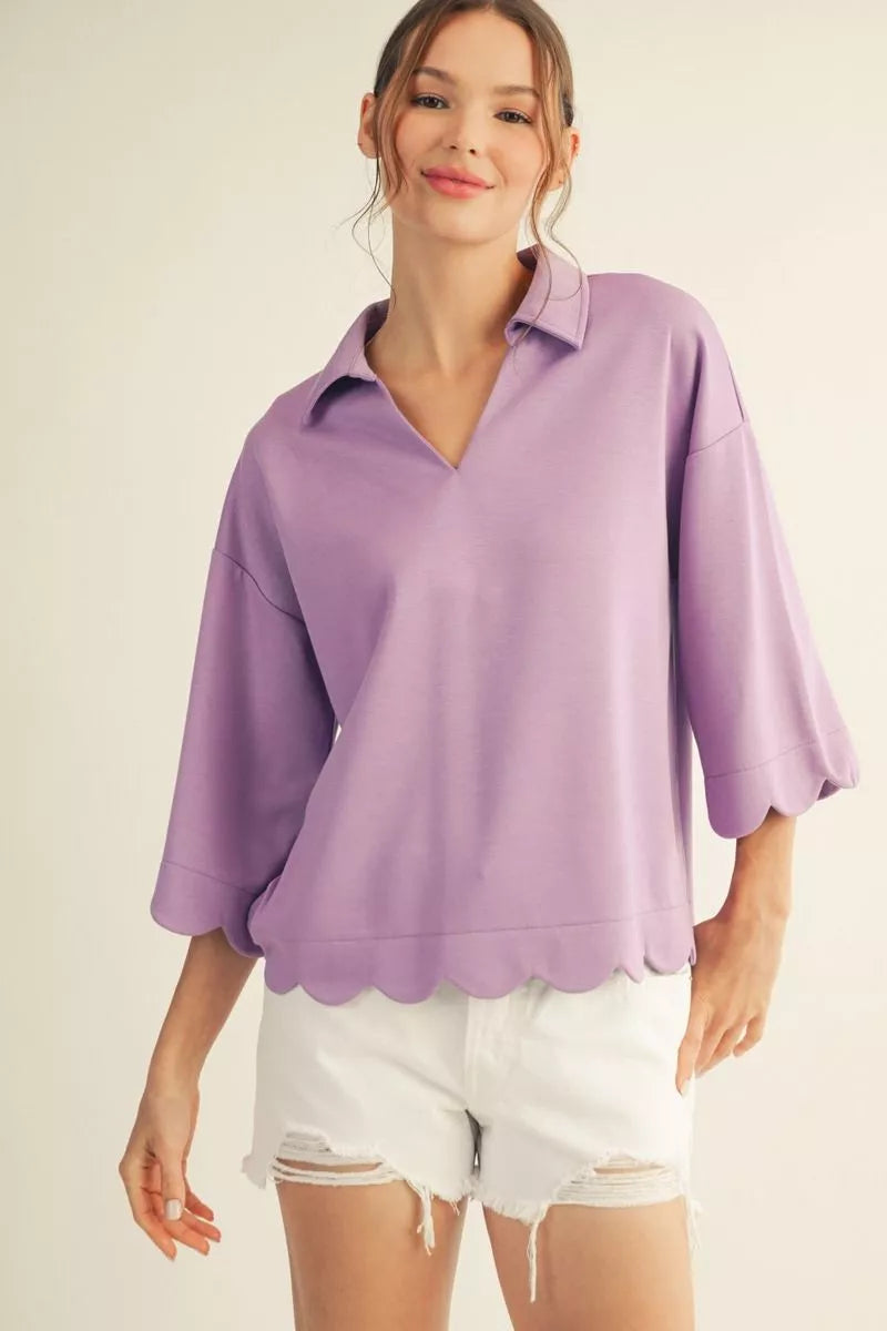 Scalloped Edge Collard V-Neck Top