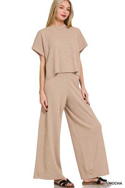 Zenana - Sweater Short Sleeve Top & Pants Set - Light Mocha