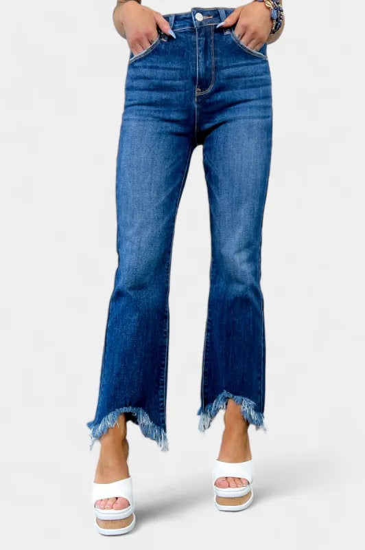 Risen - High Rise Crop Bootcut Fray Hem Jeans
