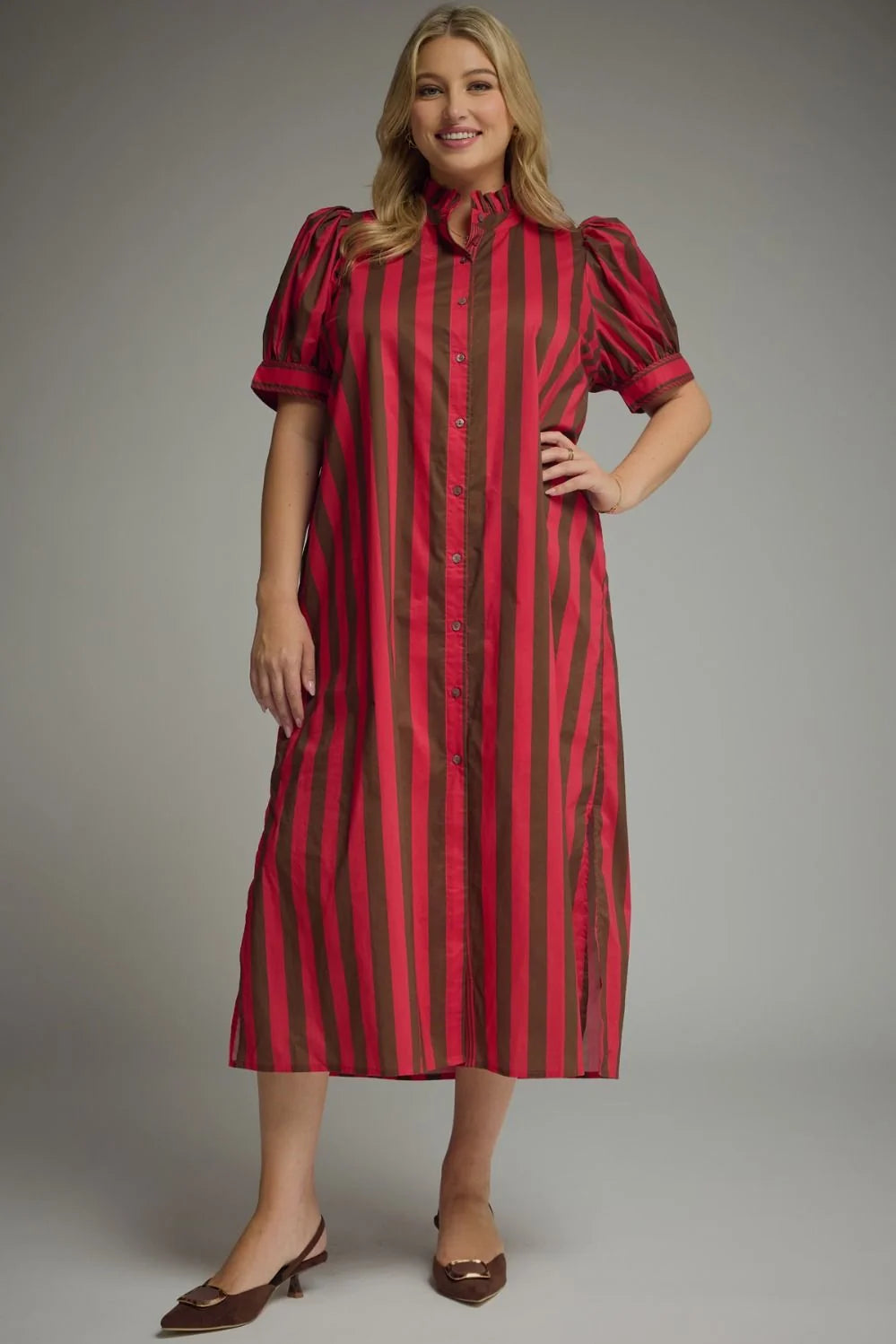 PLUS SIZE - Bright Brown & Red Contrast Striped Dress
