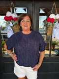 Navy Round Neck Short Sleeve Knit Sweater Top