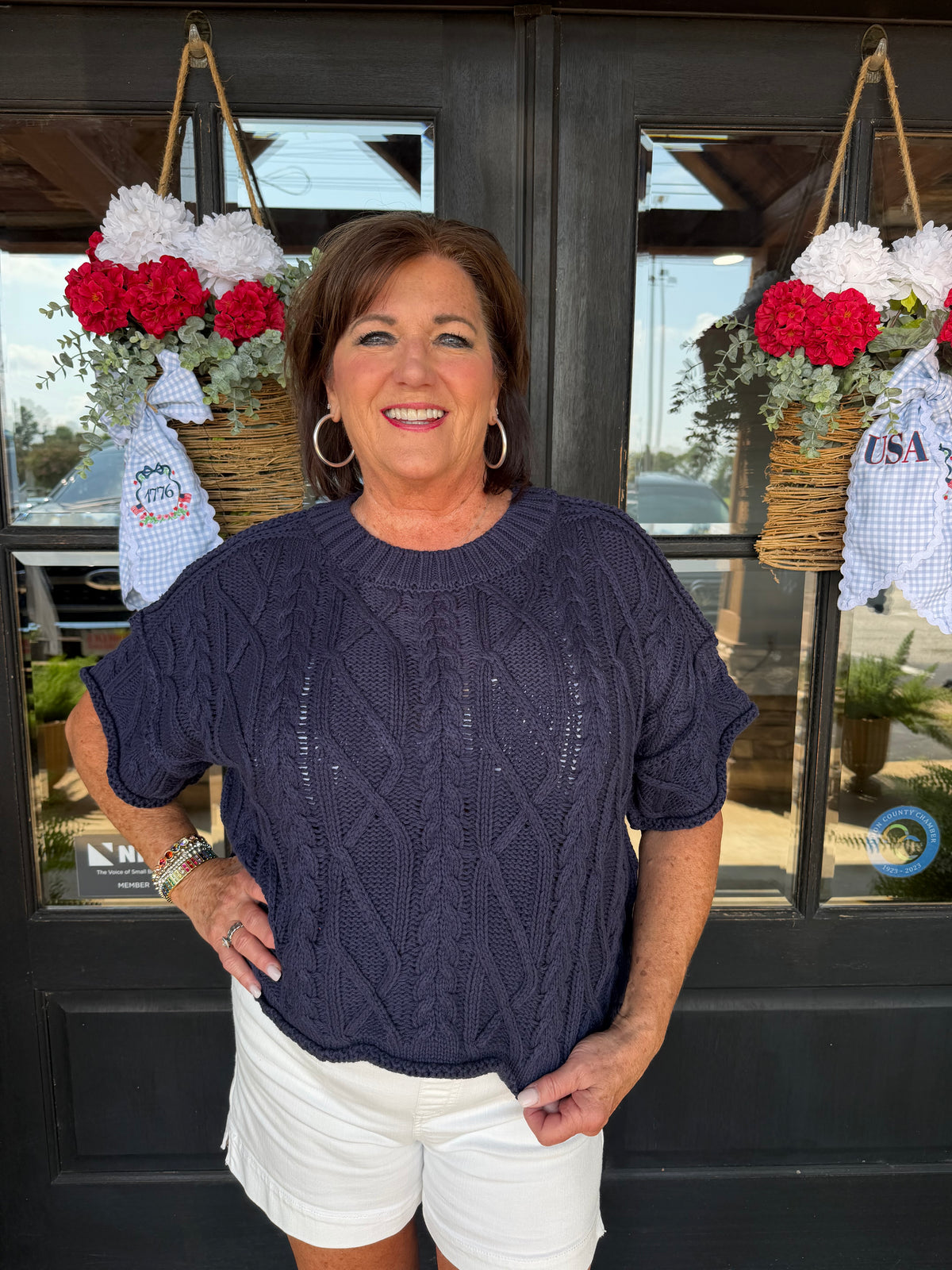 Navy Round Neck Short Sleeve Knit Sweater Top