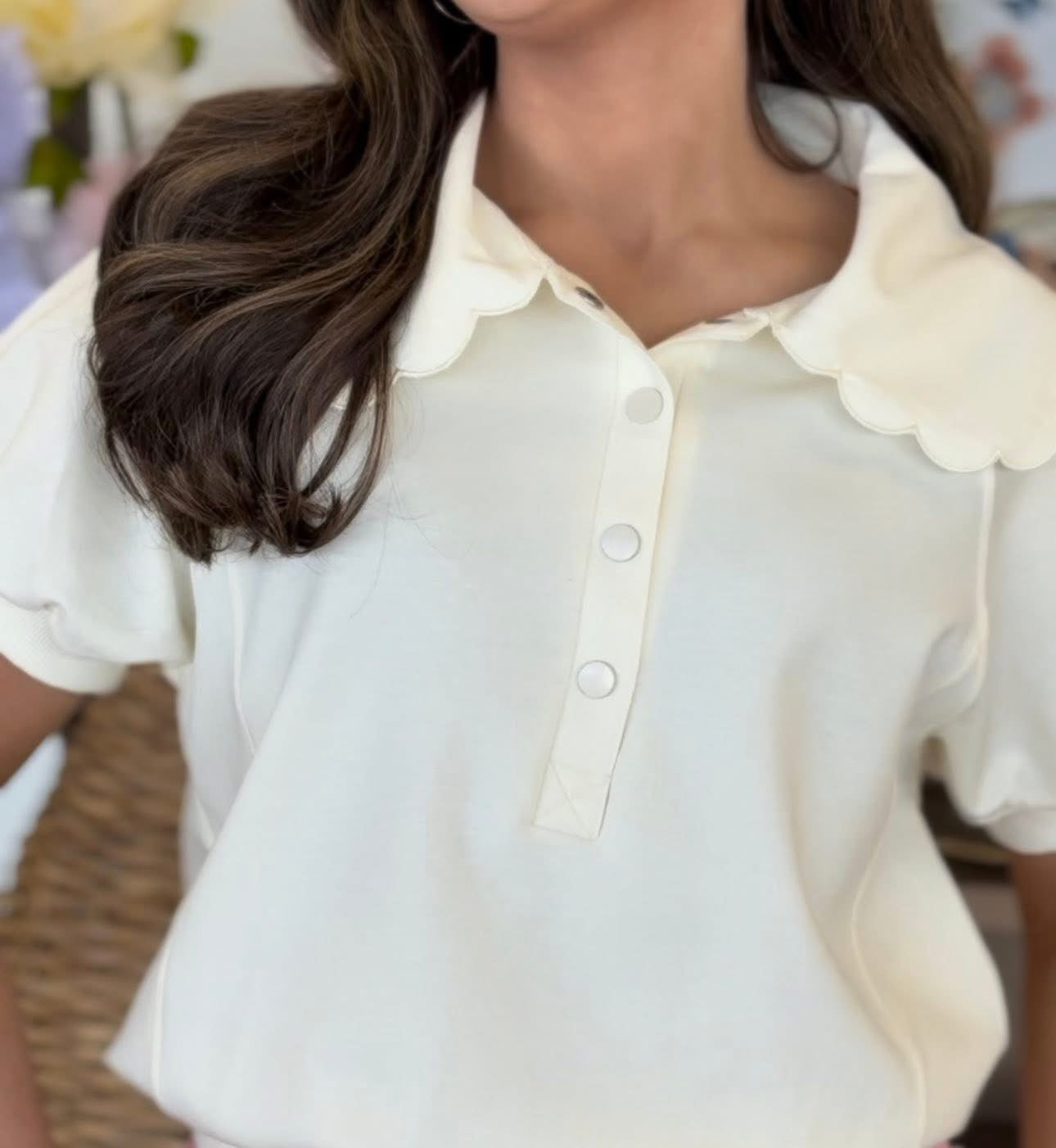 Scalloped Cream Button Top